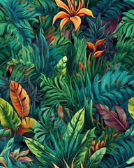 Wallpaper tileable pattern of tropical plants created with Generative AI technology