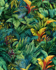 Fototapeta na wymiar Wallpaper tileable pattern of tropical plants created with Generative AI technology