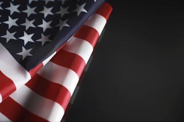 American flag on a mirror background. Symbol of the United States of America. Star-striped flag on...