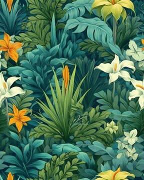 Wallpaper tileable pattern of tropical plants created with Generative AI technology