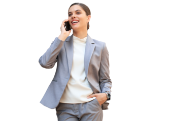 Portrait of stylish smiling business woman in fashionable clothes calling on mobile phone on a transparent background.