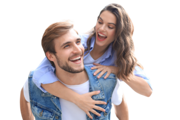 Handsome young man carrying young attractive woman on shoulders while spending time together on a transparent background.