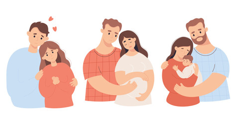 Happy family. Cute couple with pregnant woman and pair with newborn baby on hands. Isolate vector illustrations in cartoon flat style. Period of family life, pregnancy motherhood, parenthood concept