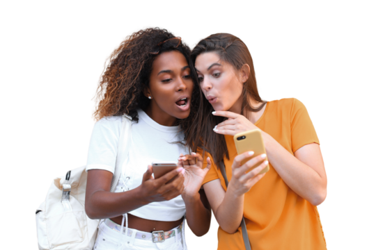 Attractive happy young women friends using mobile phones chatting on a transparent background.