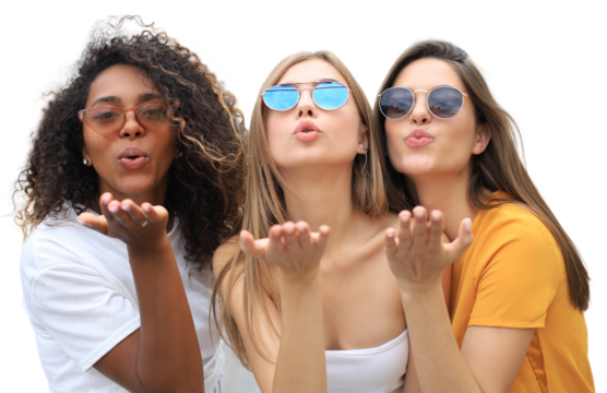 Three beauty women wearing summer clothes posing togeher and looking at the camera, sending kiss on a transparent background.
