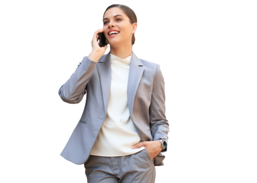 Portrait of stylish smiling business woman in fashionable clothes calling on mobile phone on a transparent background.