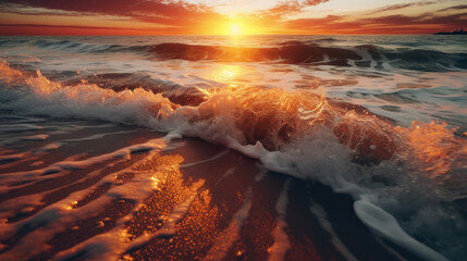 Closeup of beach waves with sunset.