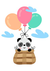 Cute panda flying in basket with balloons