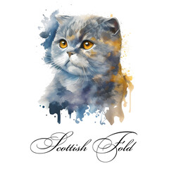 Watercolor illustration of a single cat breed scottish fold. AI generated. Watercolor animal collection of cats. Cat portrait. Illustration of Pet.
