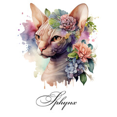 Watercolor illustration of a single sphynx cat breed with flowers. AI generated. Watercolor animal collection of cats. Cat portrait. Illustration of Pet.