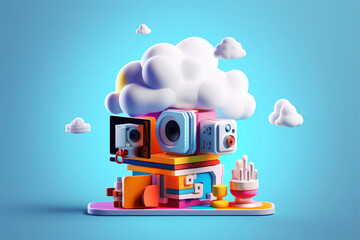 Naklejka premium Cloud storage for downloading. digital service or application with data transmission. Network computing technologies. Futuristic Server. Digital space. Data storage, Generative AI illustration