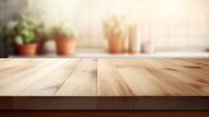 Empty wooden tabletop, counter, desk background over blur perspective kitchen background, wood table worktop for product placement, blurred kitchen, product display mockup,Generative AI