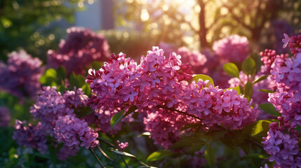 Fototapeta na wymiar Purple lilac flowers blossom in garden