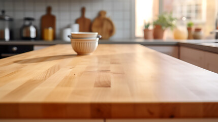 Fototapeta na wymiar Empty wooden tabletop, counter, desk background over blur perspective kitchen background, wood table worktop for product placement, blurred kitchen, product display mockup,Generative AI