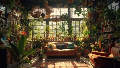 Eclectic interior with midcentury furniture and botanical houseplants. Ai.