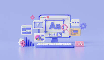 UI-UX design on purple background. Web development, Creating website User interface Front view, web building and SEO optimization marketing, coding, Web design. 3d render Illustration. Cartoon minimal