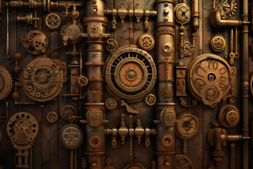 Fototapeta na wymiar Steampunk background from mechanical clocks details. 3D illustration digital art design, generative AI