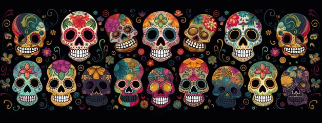 Keuken foto achterwand Schedel Many colored skulls with flowers on a dark background. Generative AI