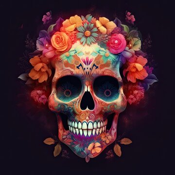 Mexican festival known as Day of the Dead on a dark background. Generative AI