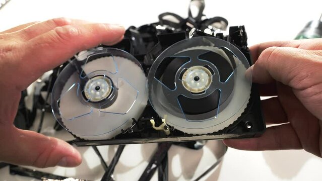VHS tape wound on reels inside a cassette