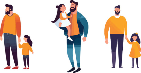 Fathers day Illustration set with daughter holding hand of Father, Dad carrying daughter cheerful moment, Father and daughter together standing celebrating Fathers day in happy mood