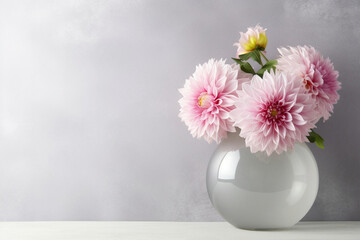 Blank wall mockup template with floral décor – pink dahlia flowers in glass bubble vase against gray wall. Generative AI