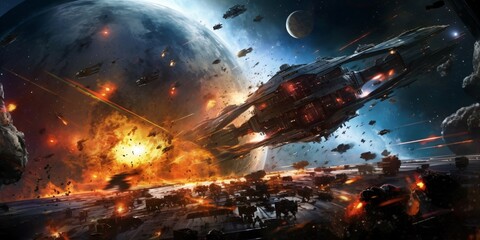 formidable destroying forces in the universe, alien space fighter attack, science fiction illustration, generative ai