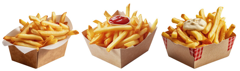 Three trays of fries, one without anything on it, one with ketchup and one with mayonnaise on a transparent background, Generative AI - obrazy, fototapety, plakaty
