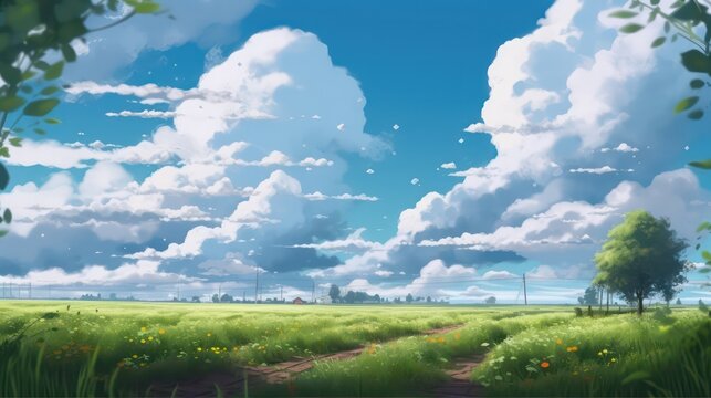 Beautiful landscape with blue sky painting illustration. Beautiful sky digital art. Art in anime painting style. Generative AI.