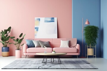 Carpet pink blue sofa apartment. Generate Ai