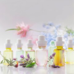 Obraz na płótnie Canvas Essential oils website background high resolution. Beautiful essential oil bottles. Generative AI.