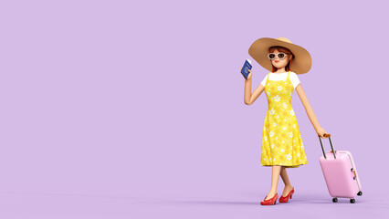 3D character. Woman dragging a suitcase in her hand and holding a passport. dress in bright colors to go on a trip. 3D rendering