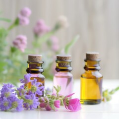 Essential oils website background high resolution. Beautiful essential oil bottles. Generative AI.