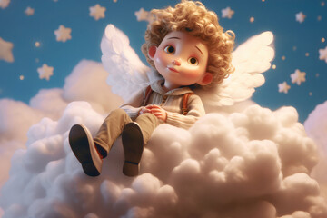 Little cute boy, angel with wings sitting on the cloud dreaming, image in 3d style. Generative AI