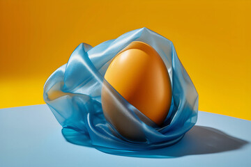Beautiful Easter compositing with brown egg in blue veil transparent cloth fabric on yellow blue vibrant plain background. Generative AI - Powered by Adobe