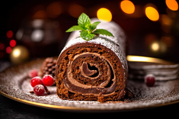 Fototapeta na wymiar Delicious chocolate rolled and sliced cake on plate, image with bokeh defocus effect. Generative AI