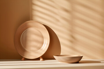 Mockup template with pottery beige plates against wall with shadows and light  rays in beige colors. Generative AI
