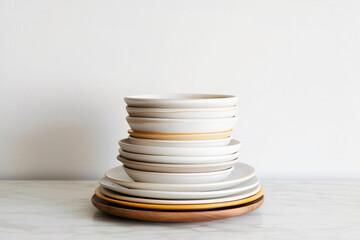 Stacked ceramic food plates in beige color shades on plain white background. Generative AI