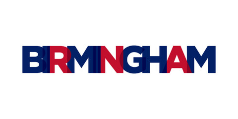 Birmingham city in the United Kingdom. The design features a geometric style illustration with bold typography in a modern font on white background.