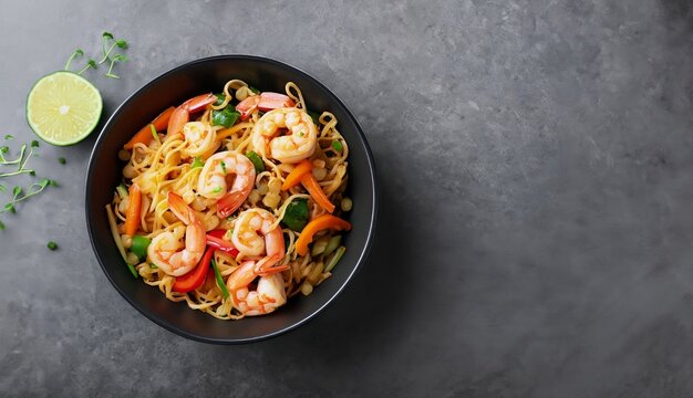 Stir fry noodles with vegetables and shrimps in black bowl. Slate background. Top view. Copy space. generative ai.