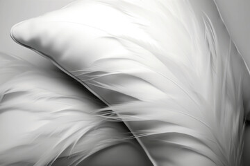 White pillow covered with large fluffy white feather, cozy peaceful calm sleeping concept. Generative AI