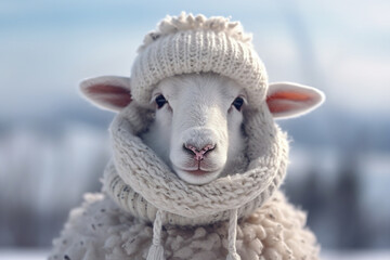 A funny sheep wearing knitted scarf and beanie adds a touch of humor to the cold winter weather. Generative AI