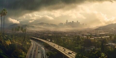 cloudy and windy storm in a city landscape, power of thunderstorm and dramatic weather in climate change, fictional landscape created with generative ai