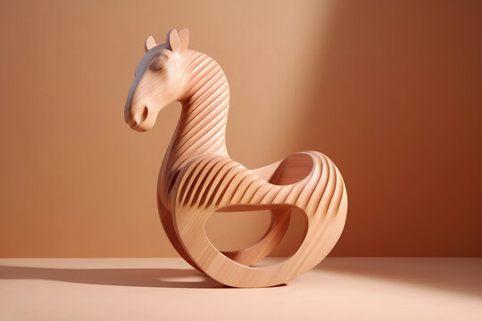 Abstract, symbolic kid’s wooden horse with creative carving and rounded shape on beige background. Generative AI