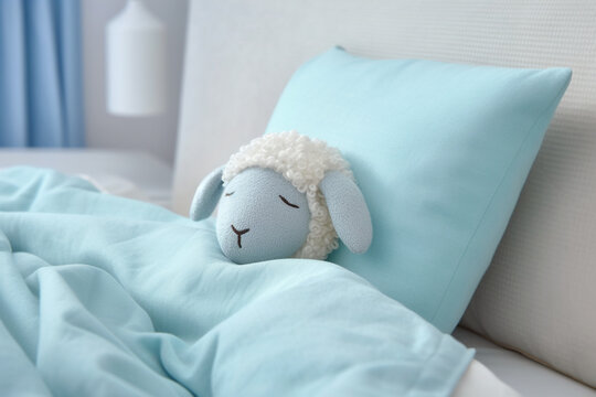 Concept of sleep time for kids &ndash; little sleeping sheep toy on pillows in bed, cozy in bed in blue clors. Generative AI