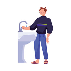 Man turns of water tap to save water, flat vector illustration isolated on white background.