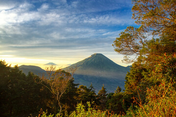 Fototapeta premium Golden Sunrise With Views of Mount Sindoro & Mount Sumbing On The Top Of Sikunir Hills, Dieng Plateau, Central Java, Indoensia
