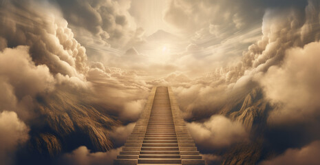 Stairway through the clouds to the heavenly light. Stairway to heaven. Copyspace. Generative AI