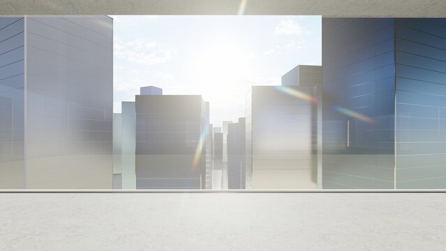 Architecture background interior with view to cityscape of modern office skyscrapers 3d render