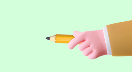 3d hand holding pencil, pointing to empty space for text. Study time. Pay attention. Vector template for advertising in cartoon style. Poster on green background